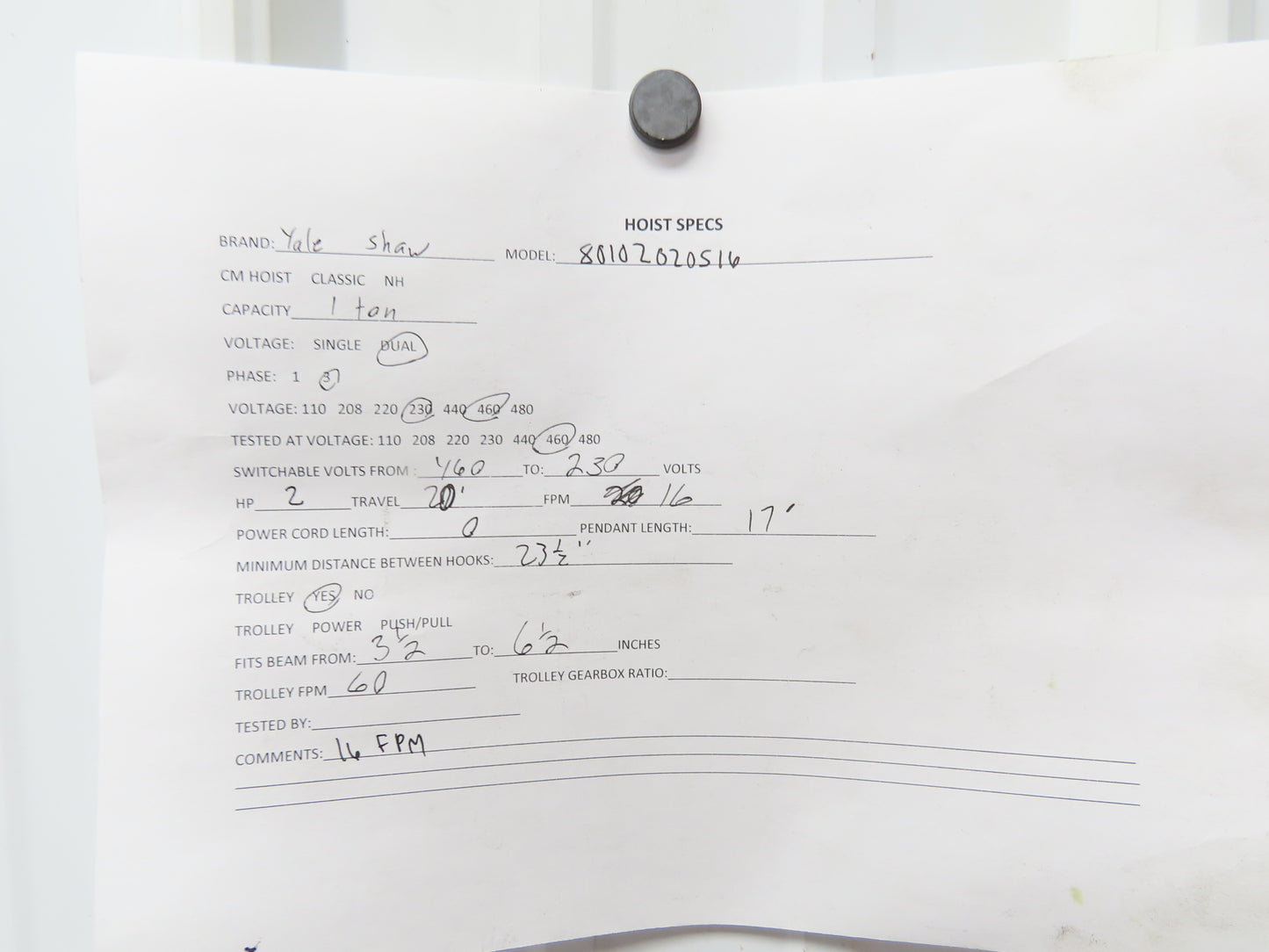 Shaw-Box 80L02025S16 Yale LiftTech Electric Cable Hoist 1 Ton 20' Lift 16FPM 3Ph