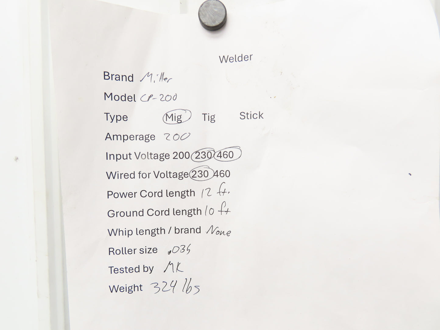 Miller CP-200 Mig Welder 200 amp DC Arc S-62 Wire Feeder 230/460VAC 3PH