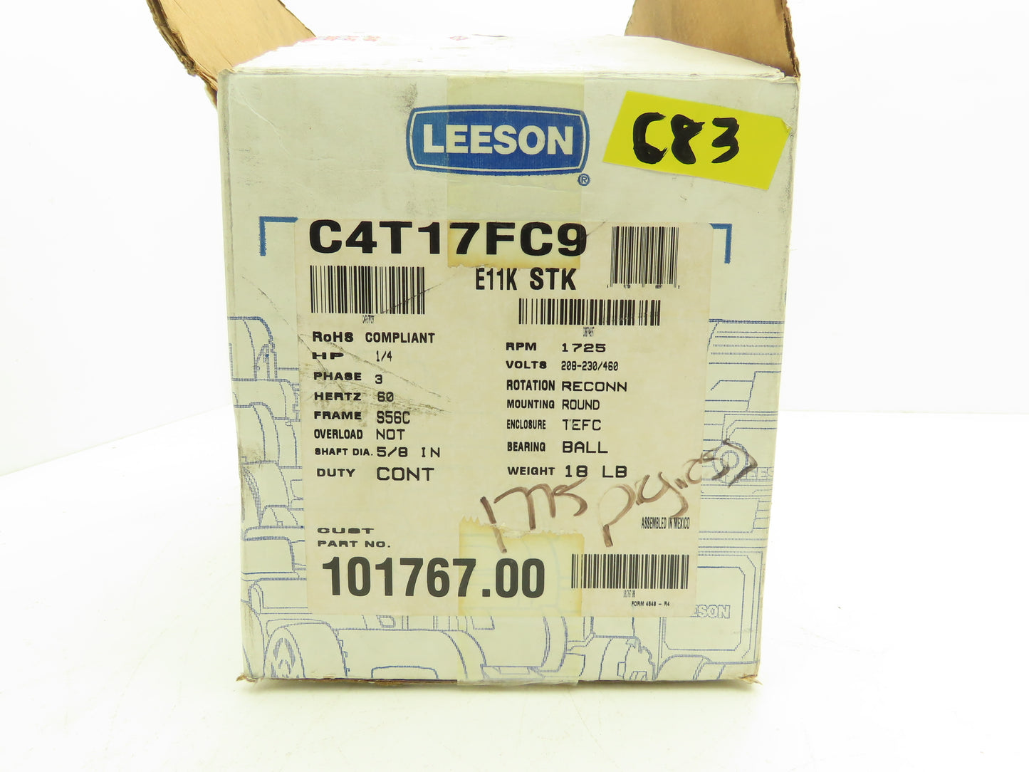 Leeson Electric C4T17FC9B AC Motor 1/4Hp 1725 RPM 230/460V 3PH 56C TEFC