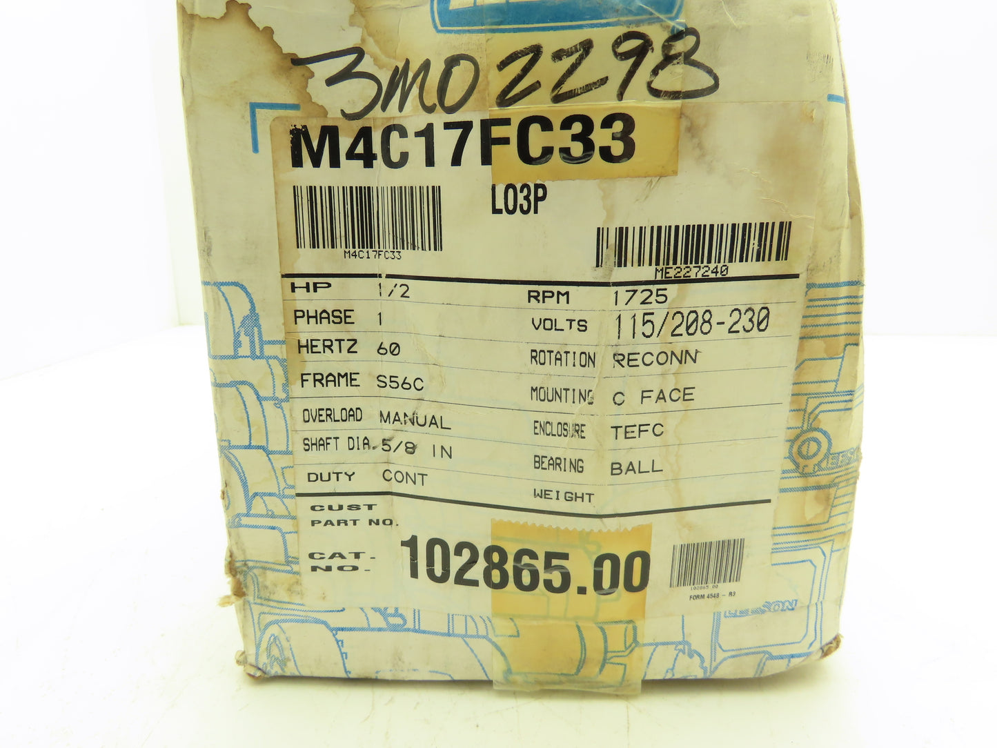 Leeson Electric M4C17FC33 AC Motor 1/2Hp 1725 RPM 115/208-230V 1PH S56C TEFC