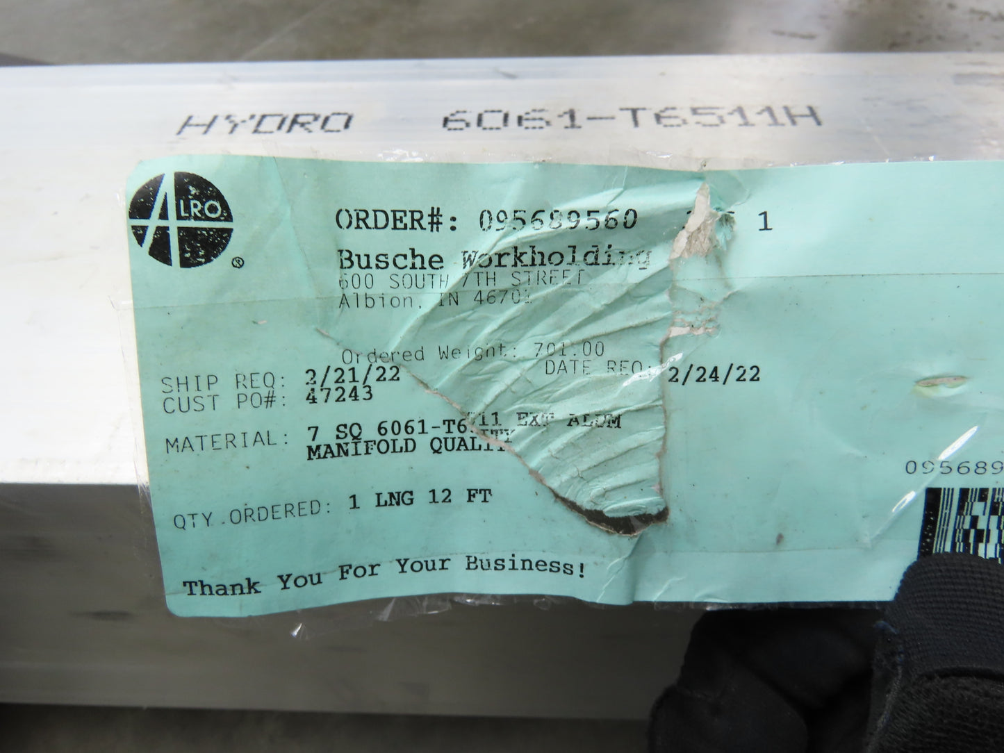 Hydro 6061-T6511 Aluminum 7"x7" x 12' Square Bar Stock Manifold Quality 695Lb