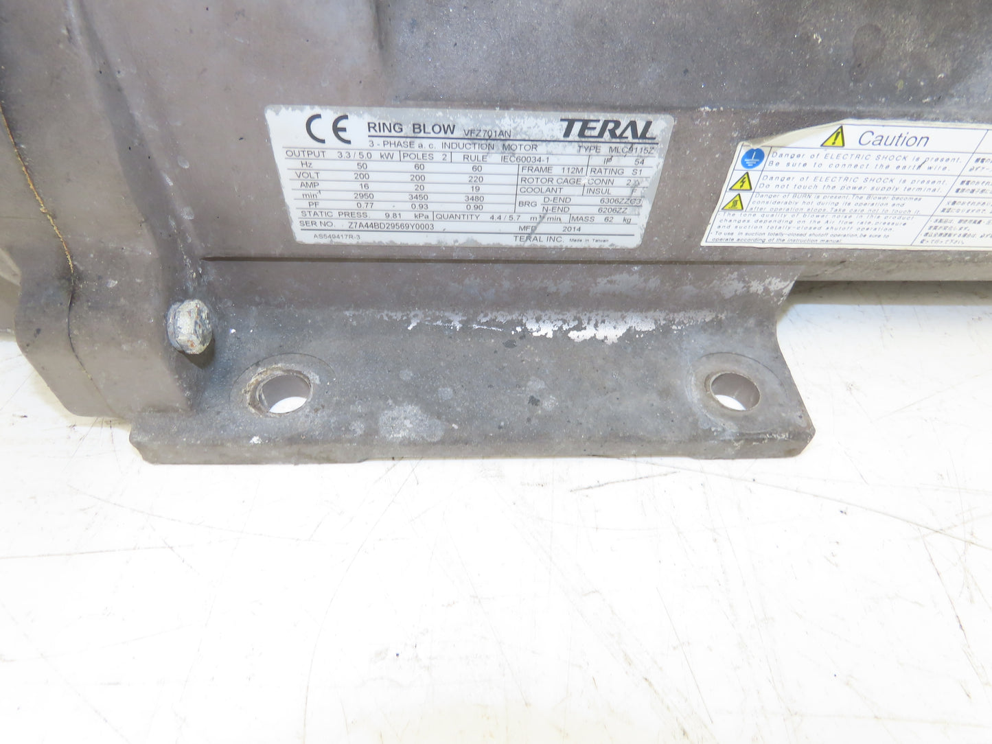 Teral MLC9115Z Regenerative Blower Vacuum Pump 200CFM 5kw 230V 3PH 2"NPT