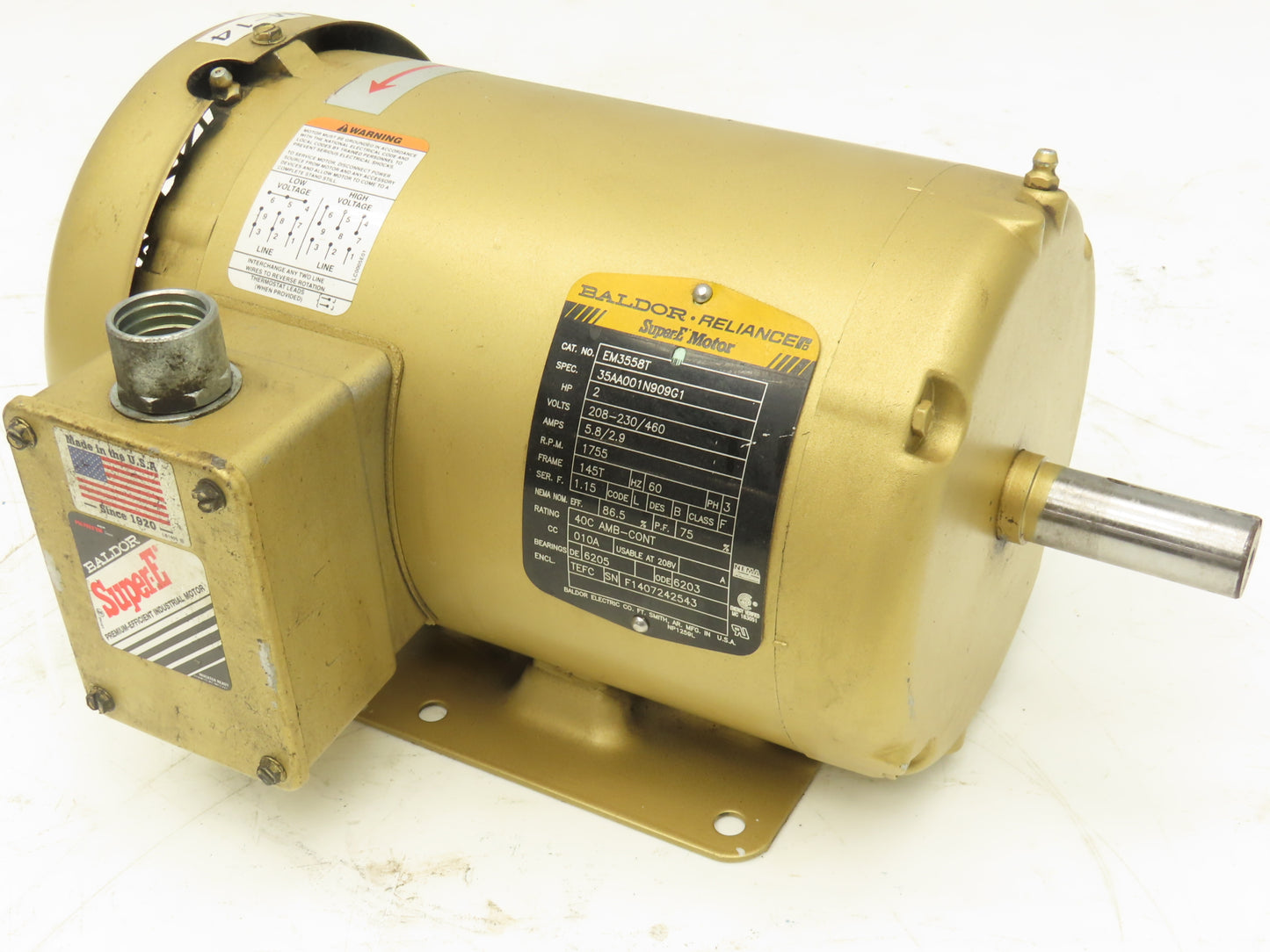 Baldor Reliance EM3558T AC Motor 2Hp 1755 RPM 230/460V 3PH 145T Super-E