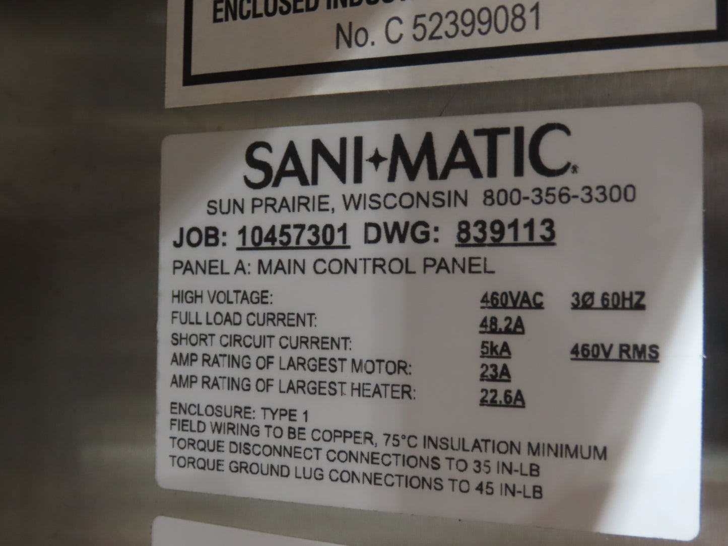 Sani-Matic Sanicab P365 Stainless Food Grade Heated Cabinet Washer 20Hp 480V 3PH