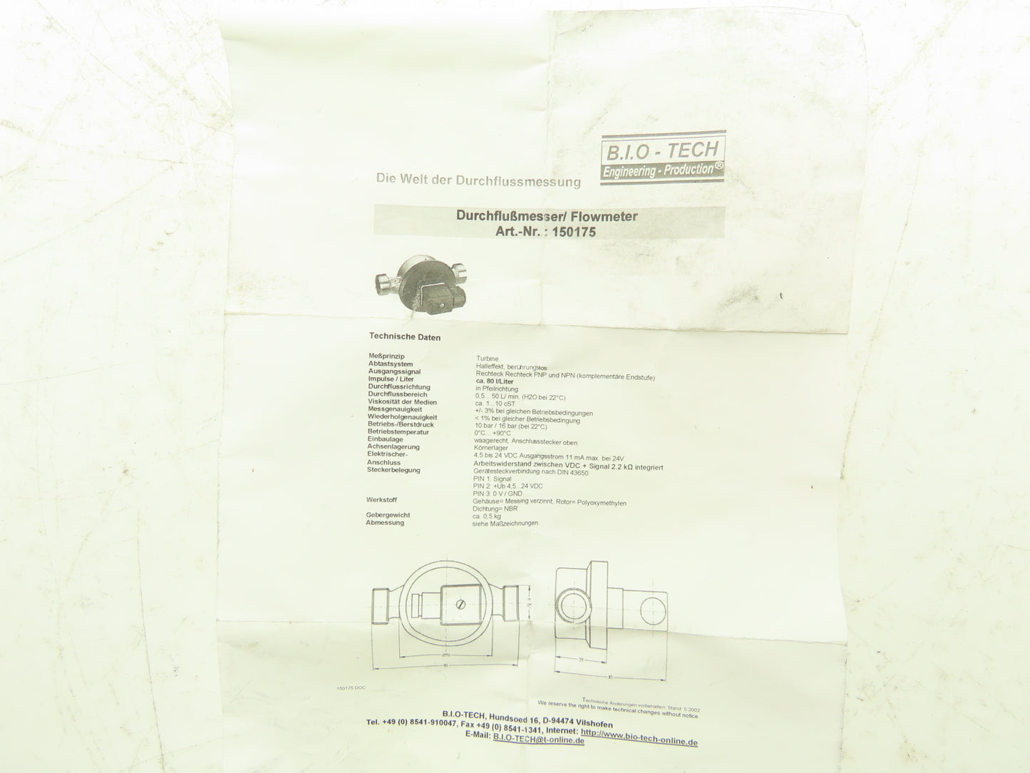 Bio-Tech 150175 Flow Meter Sensor 24VDC R3/4" 50L/min