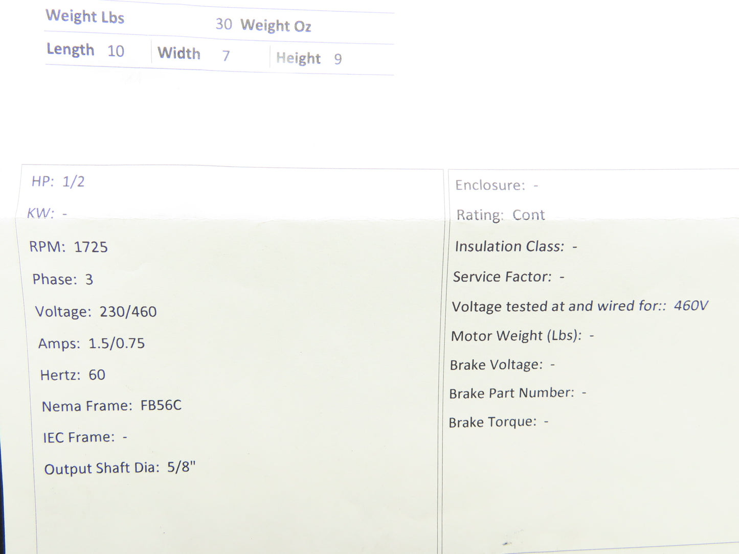 Reliance P56X3900T-RX SXT AC Motor 1/2Hp 1725 RPM 230/460V 3PH 56C