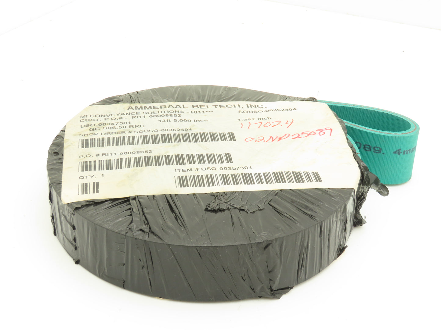 Ammeraal Beltech GG S06.50 RRC Green Conveyor Belt 1.252"W x 13' 5" Endless XNBR