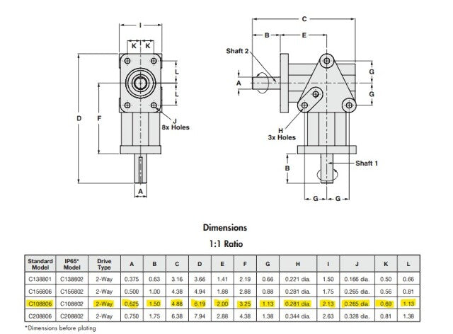 Crown 108806 ZERO-MAX Right Angled Gear Drive 5/8 Two-Way Shaft 1:1 Ratio