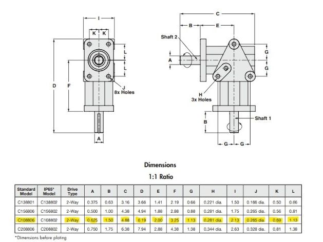 Crown 108806 ZERO-MAX Right Angled Gear Drive 5/8 Two-Way Shaft 1:1 Ratio