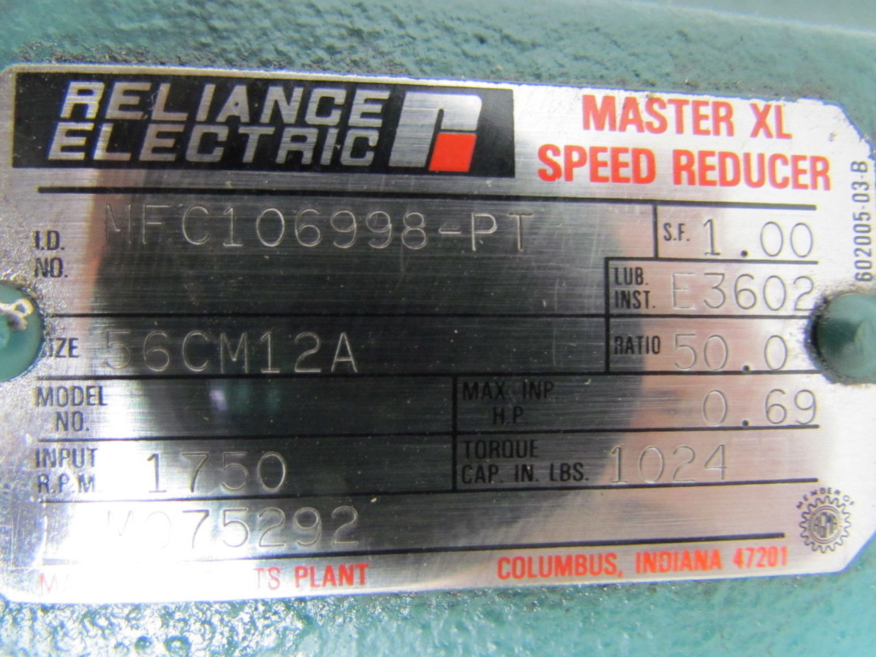 Dodge Master XL Speed Reducer Gear Box 50:1 1750RPM .69HP 56C Frame Dual Output