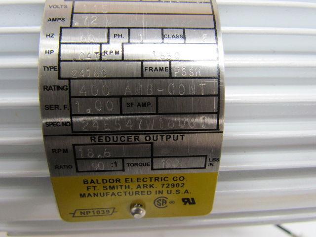 Baldor 2416C Industrial Motor 115V 1PH 18.6 RPM Gear Reducer Gearmotor 90:1