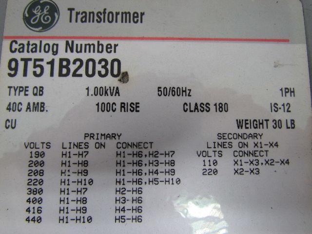 GE General Electric 9T51B2030 Type QB Multi-Tap Transformer 1.00 KVA Class 180