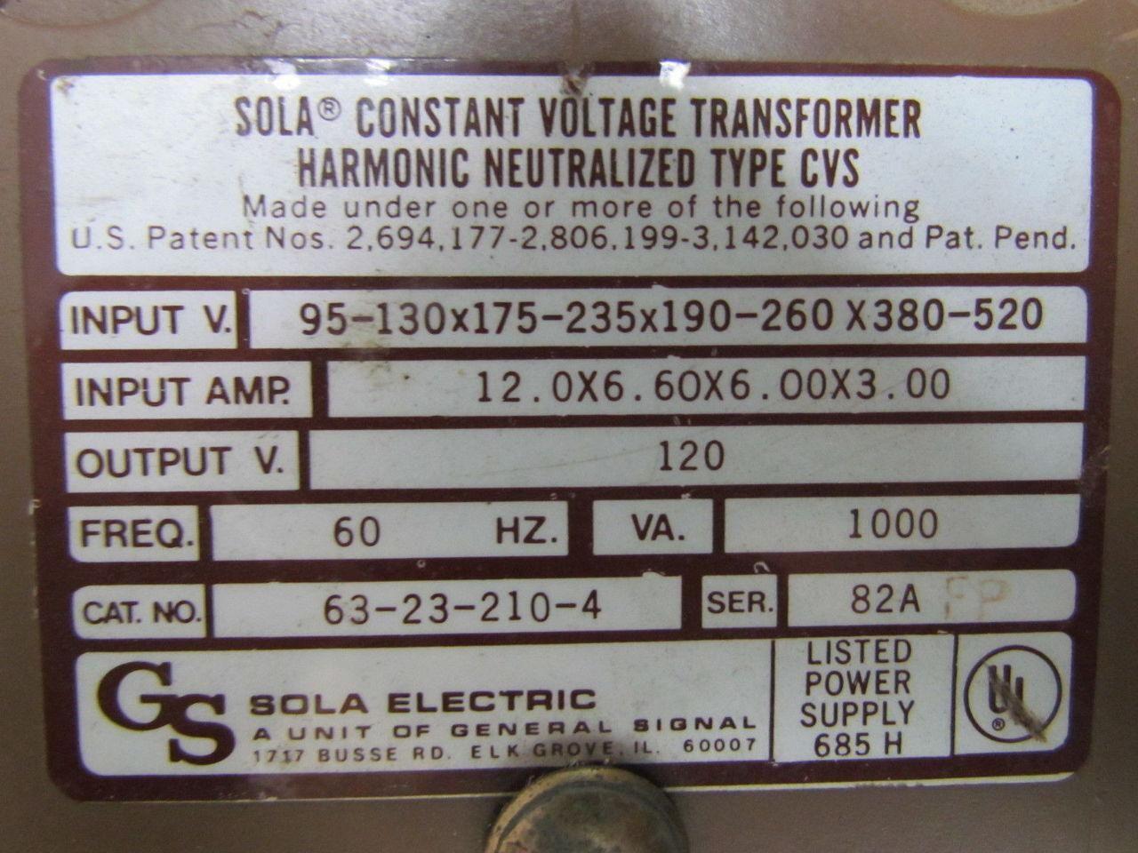 Sola 63-23-210-4 Constant Voltage Transformer Power Conditioner Regulator