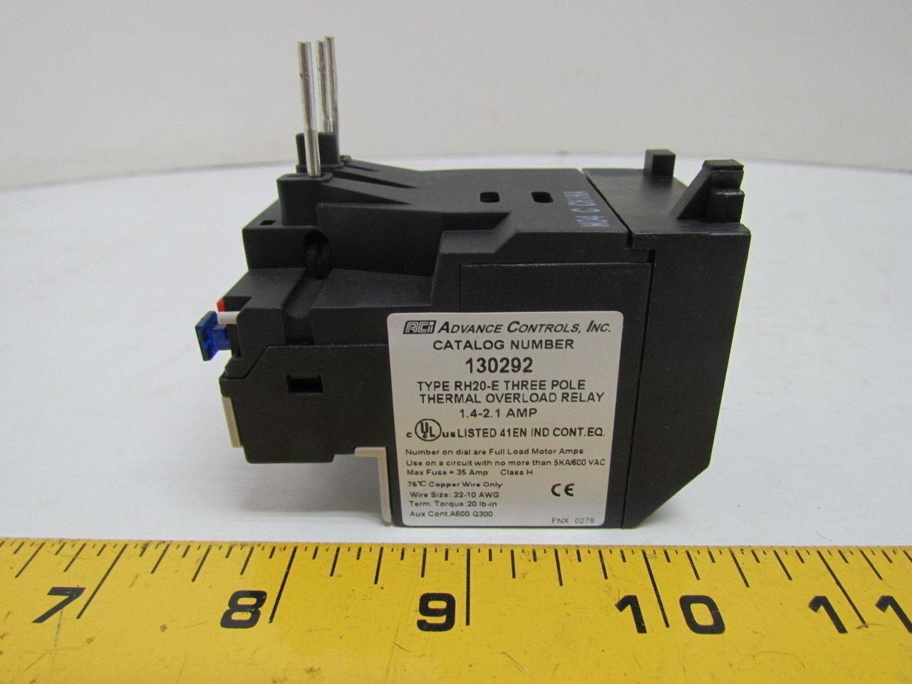 ACI 130292 RH20-E Three Pole Thermal Overload Relay 1.4-2.1 Amp NEW