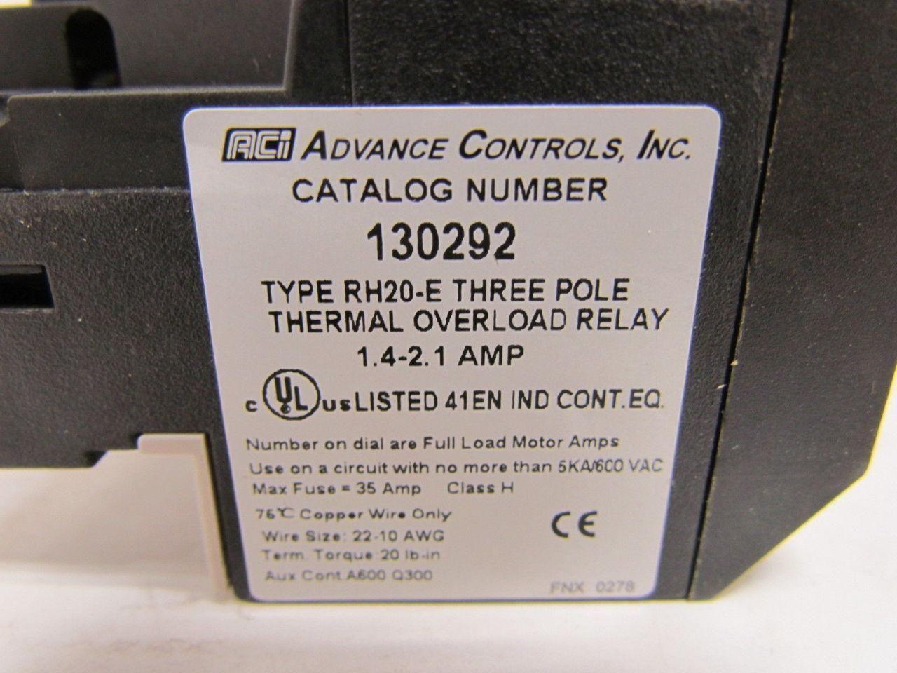 ACI 130292 RH20-E Three Pole Thermal Overload Relay 1.4-2.1 Amp NEW