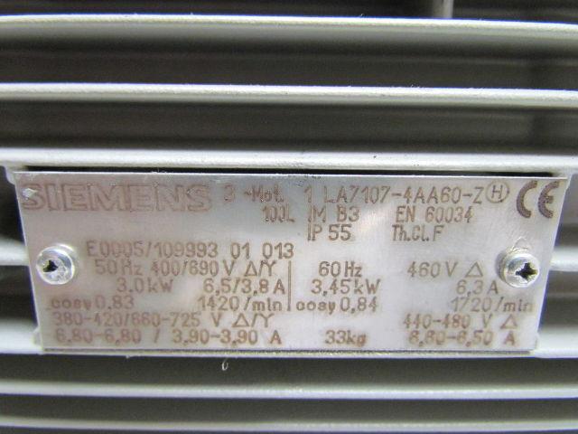 Siemens 1LA7107-4AA60-Z Brake Motor 3.4kw 4.5Hp 1720rpm 460VAC 3PH 100L Frame