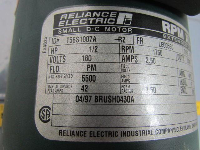 Reliance Electric T56S1007A 1/2HP 1750RPM 180VDC XL Extended Life Motor TEFC 56C