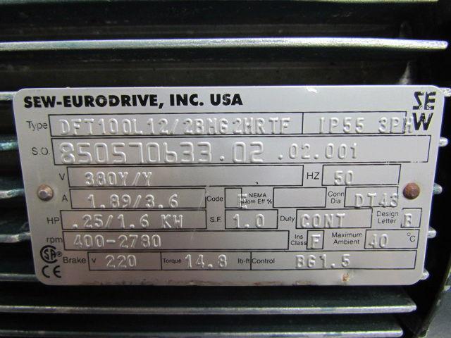 SEW-Eurodrive .25/1.6KW Electric Motor 360Y/Y V 3PH DT43 Cont Dia 220V Brake