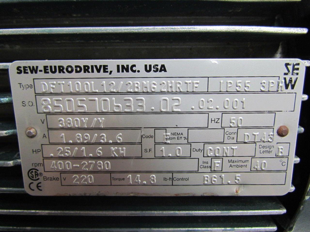 SEW-Eurodrive .25/1.6KW Electric Motor 360Y/Y V 3PH DT43 Cont Dia 220V Brake