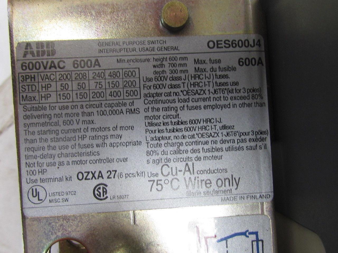 ABB 4-Pole Fusible Disconnect Switch Interrupter Rotary Handle 600a 3Ph 600V
