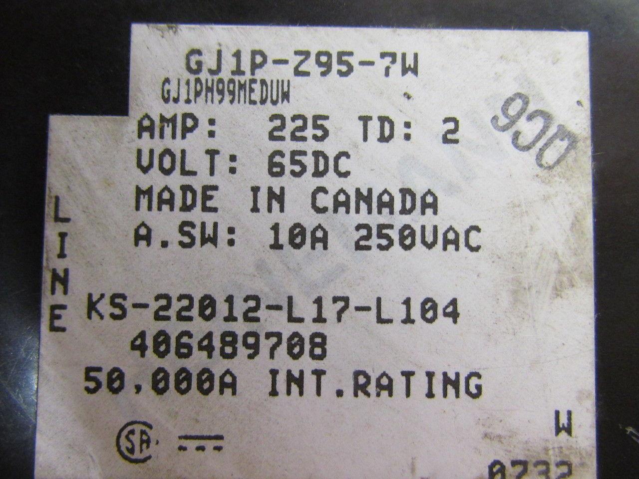 Heinemann GJ1P-Z95-7W Special Purpose Circuit Breaker 225Amp 65VDC 25 KAIC 1Pole