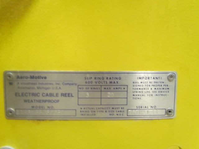 Aero-Motive Retractable Electric 12/3 Cable Reel 30' 110V Cord 20Amp 600V 3-Ring
