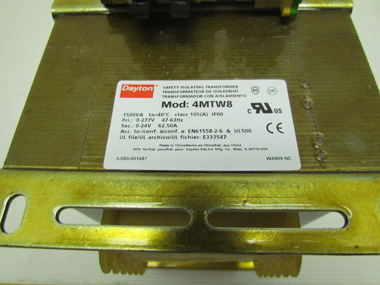 Dayton 4mtw8 Isolating transformer Rated Power 1500VA in 277V out 24V