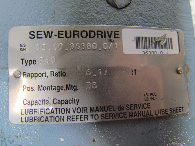 Sew Eurodrive R40 B8 TB-270 CE-3 6.17:1 Ratio R40DT80N4 330/575V 1HP Gearmotor