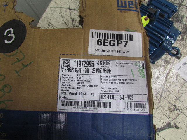 Weg 00212ET3CT184T-W22 Premium Efficiency 2HP Cooling Electric Motor 208-230/460