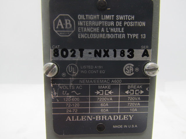 Allen-Bradley 802T-NX183 Oiltight Limit Switch w/6 Pin Connector NEW Take-Off
