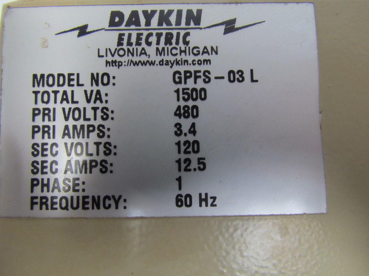 DayKin GPFS-03 L Transformer Disconnect Switch Enclosure 1500VA 480/120V 1Ph
