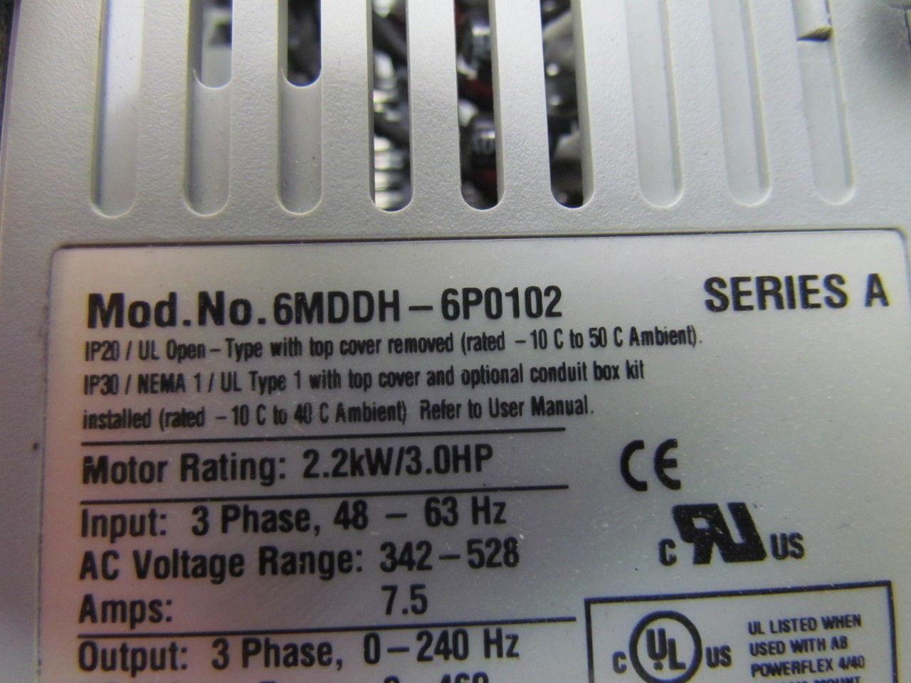 Reliance Electric 6MDDH-6P0102 AC Drive 0.75KW/1Hp 380-480VAC MD65 w/Heatsink