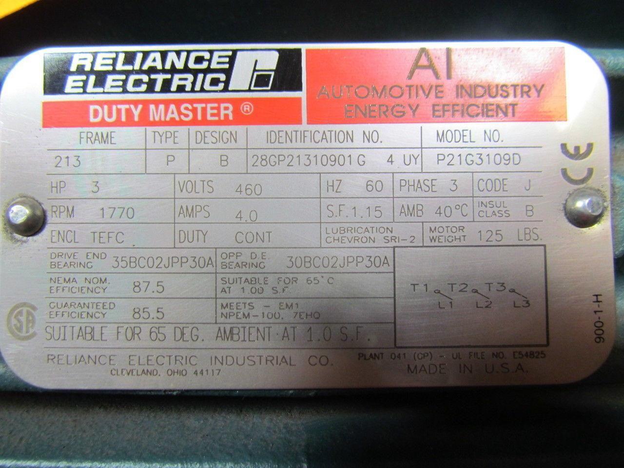 Reliance Electric P2163109D DutyMaster 3HP 1770RPM 3PH 460VAC TEFC Motor 213 Frame