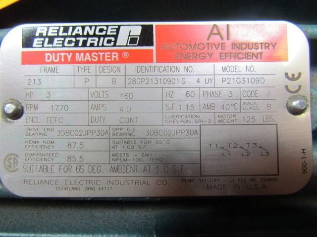 Reliance Electric P2163109D DutyMaster 3HP 1770RPM 3PH 460VAC TEFC Motor 213 Frame