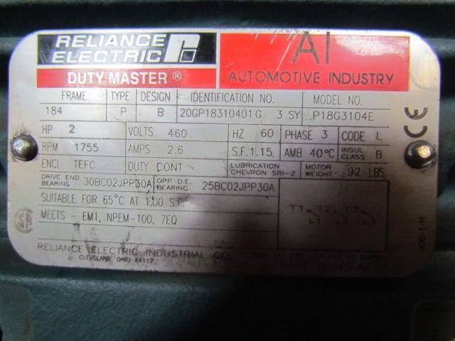 Reliance Electric P18G3104E DutyMaster 2HP Motor 1755RPM 460VAC 3PH 184 Frame