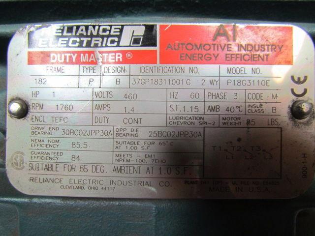 Reliance Electric P1863110E DutyMaster 1HP Motor 1760RPM 460VAC 3PH 182 Frame