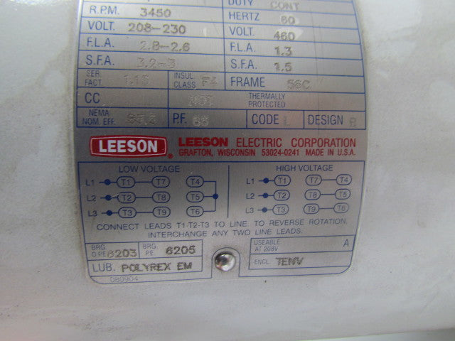 Leeson C6T34VC2H Washdown Electric Motor 1HP 230/460V 3PH 3450RPM 56C