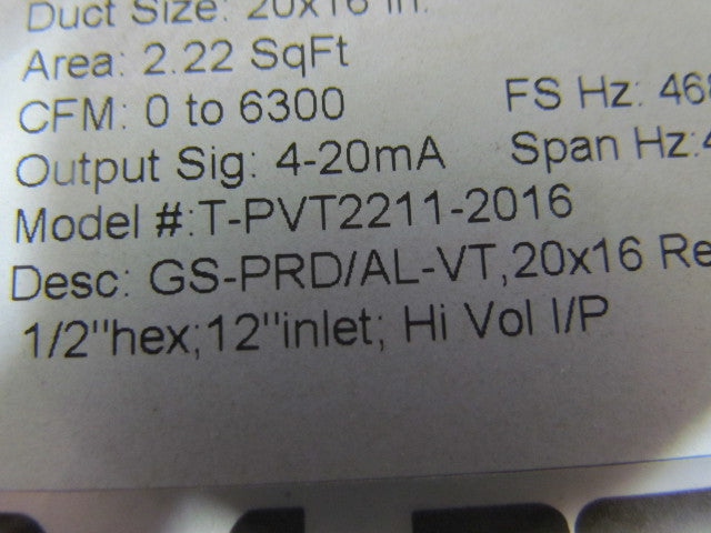 TEK-AIR T-PVT2211-2016 Vortec Air Flow Measurement Transmitter 20"x16" 6300CFM