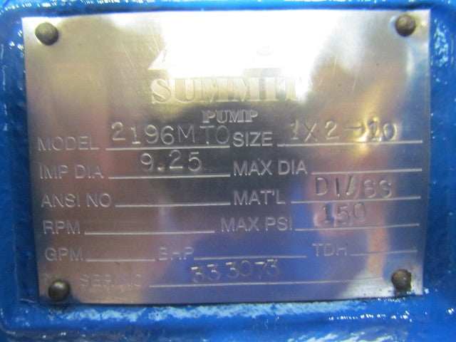 Summit Pump 2196MTO WCB J153 Size 1x2-10 Imp Dia 9.25 150PSI Material DI/SS