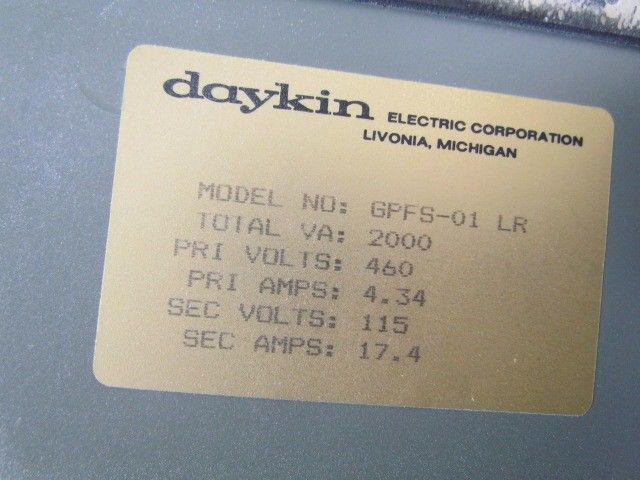 Daykin GPFS-01 LR Enclosed Transformer Disconnect 2000VA 460V Pri 115V Sec 1PH