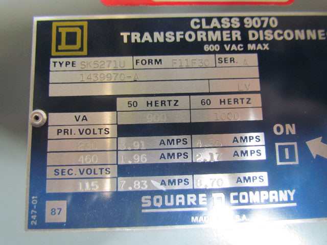 Square D SK5271U Power Transformer 1.0kva 600VAC Pri 230/460V Sec 115V