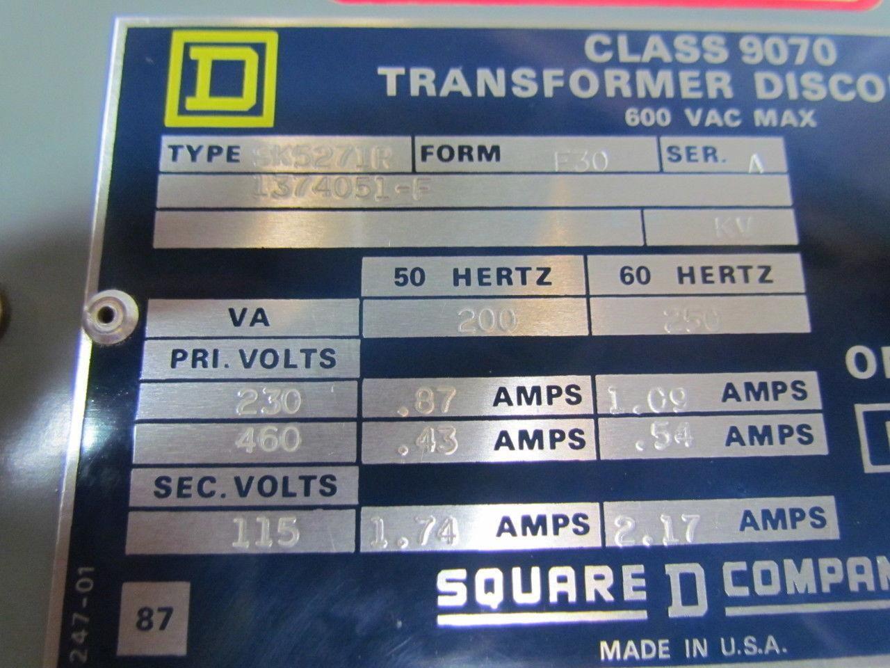 Square D SK5271R Transformer Disconnect Pri 230/460V Sec 115V Class 9070