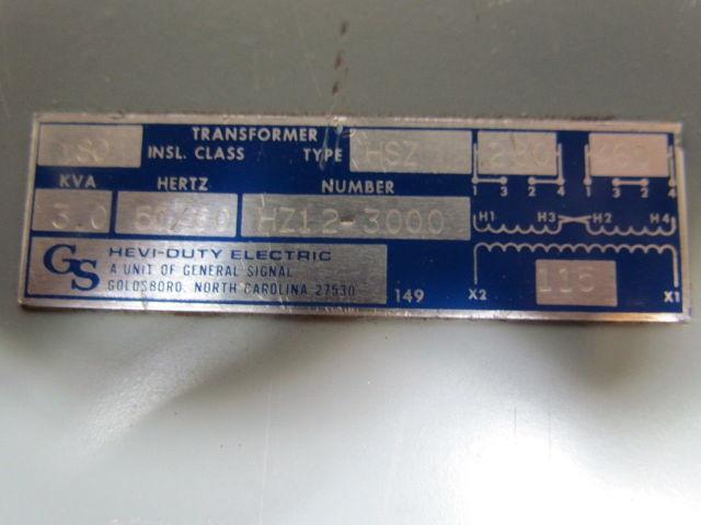 General Signal HZ12-3000 Hevi-Duty 3.0KVA 240/480 Pri 120 Sec Transformer