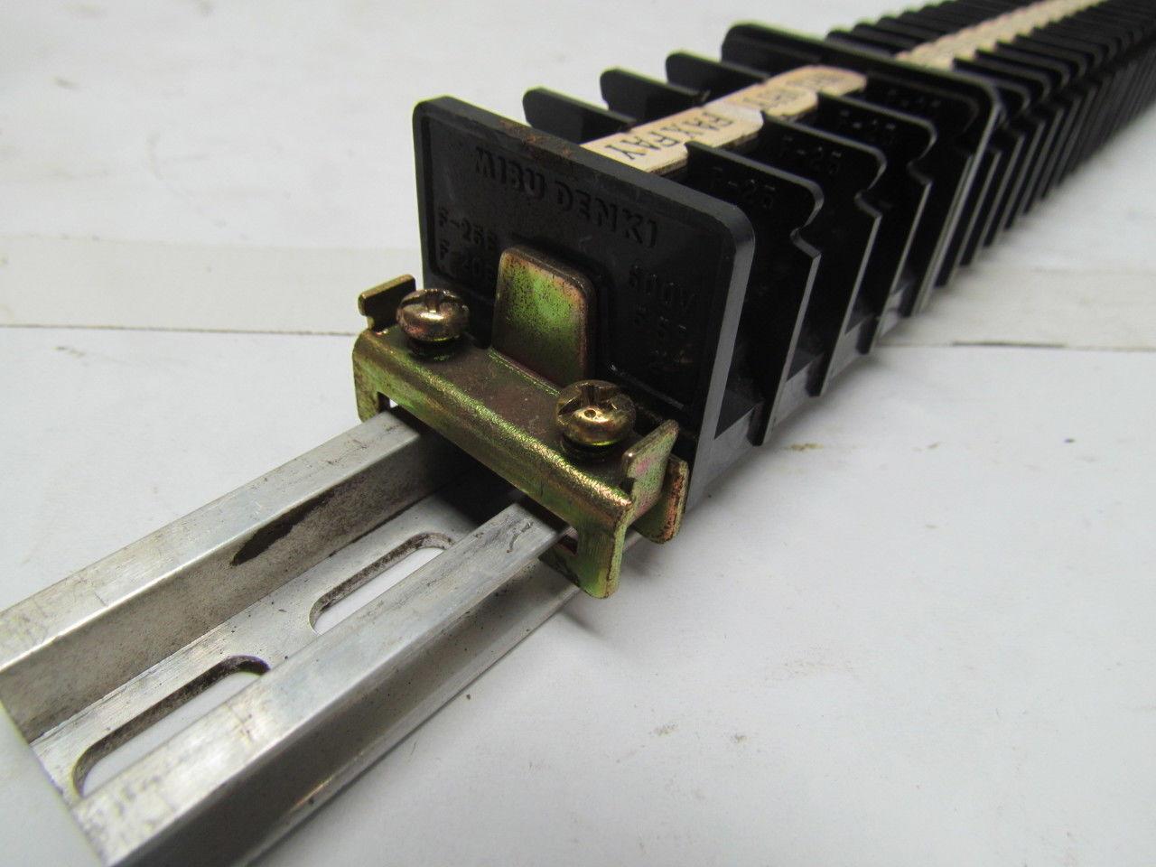 Mibu Denki F15 38 F15 600V Terminal Blocks w/4 F25 Blocks On 18" Long Din Rail