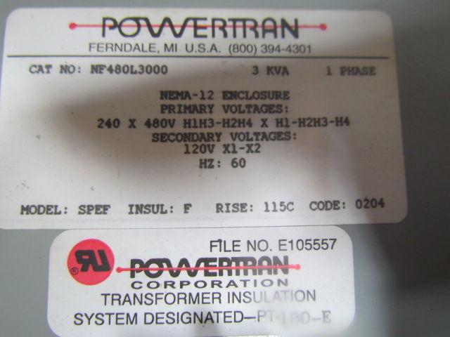 Powertran NF480L3000 240X480V Primary 120V Secondary 3KVA Transformer
