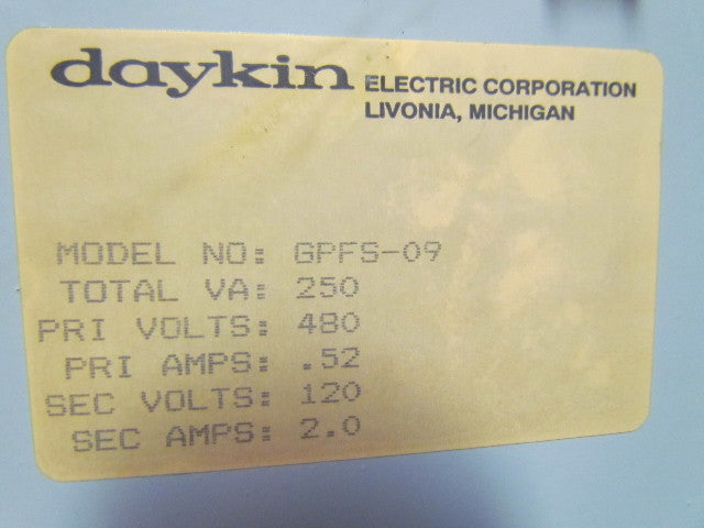 DayKin GPFS-09 Transformer Disc. Total VA 250 Primaryvolts 480 Primary amps .52