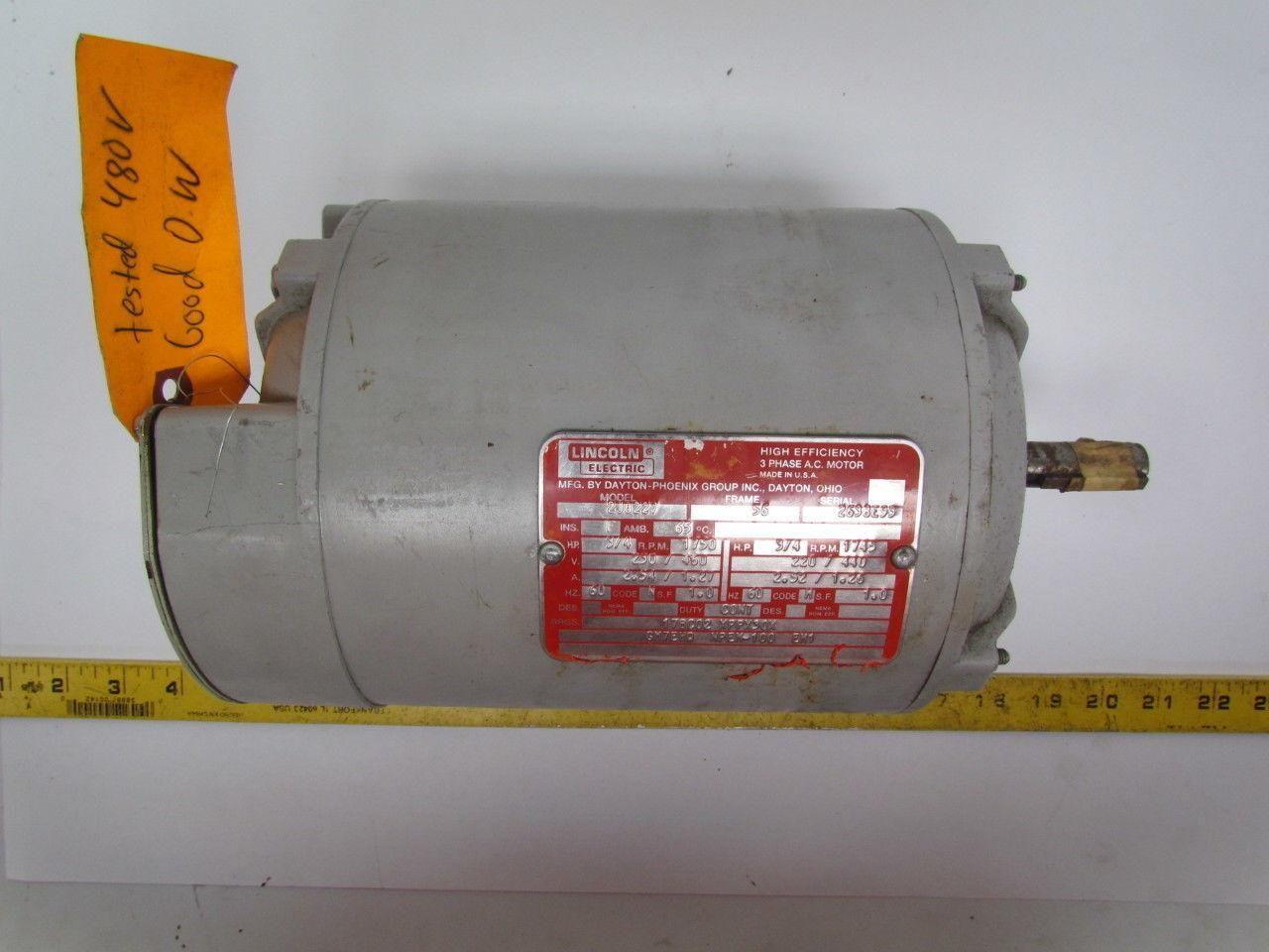 Lincoln Elec. 2J8227 Electric Motor 3/4HP 1750 RPM 220-460V