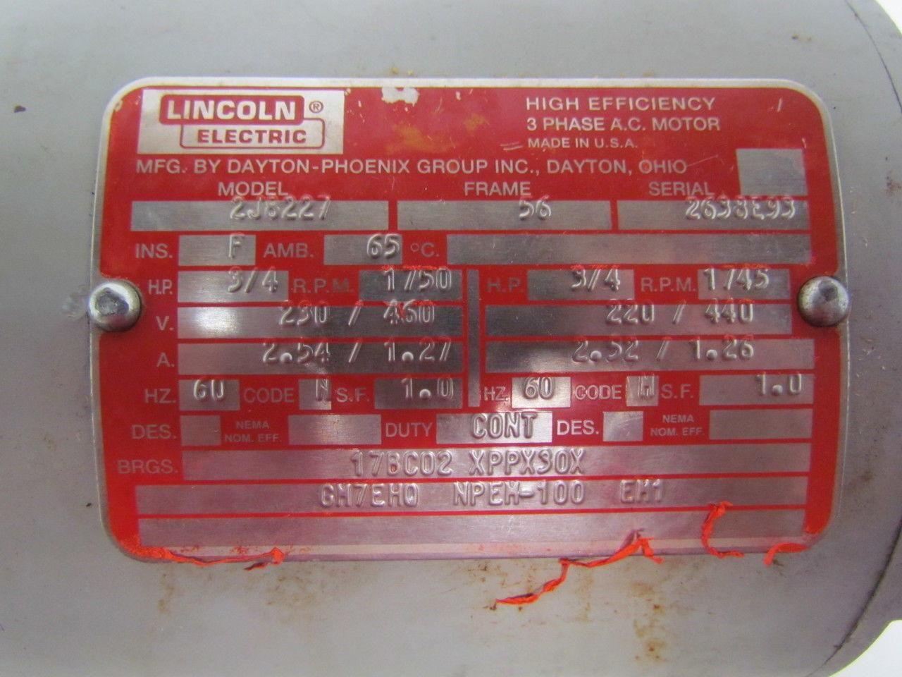 Lincoln Elec. 2J8227 Electric Motor 3/4HP 1750 RPM 220-460V