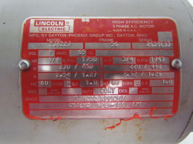 Lincoln Elec. 2J8227 Electric Motor 3/4HP 1750 RPM 220-460V