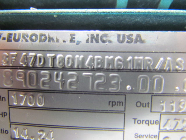 SEW-EURODRIVE SF47DT80N4BM61MR/AS Motor Gear Reducer 14.24:1 Ratio 24VDC Brake